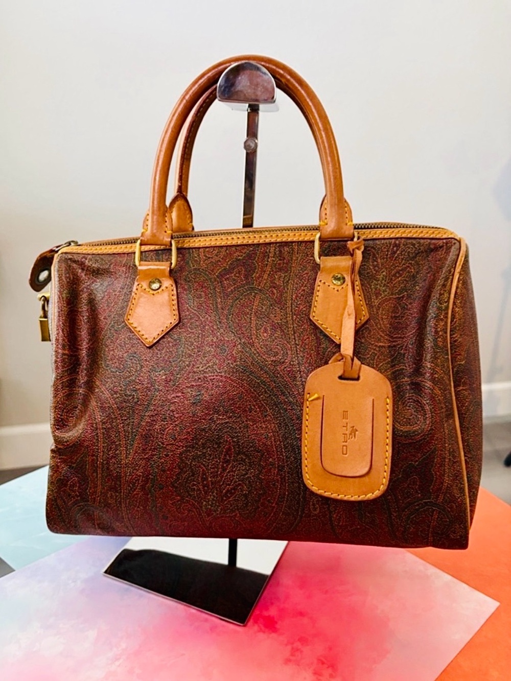 💼ETRO Paisley Print Bordeaux Boston Bag Vintage 1994 Made in Italy🇮🇹
